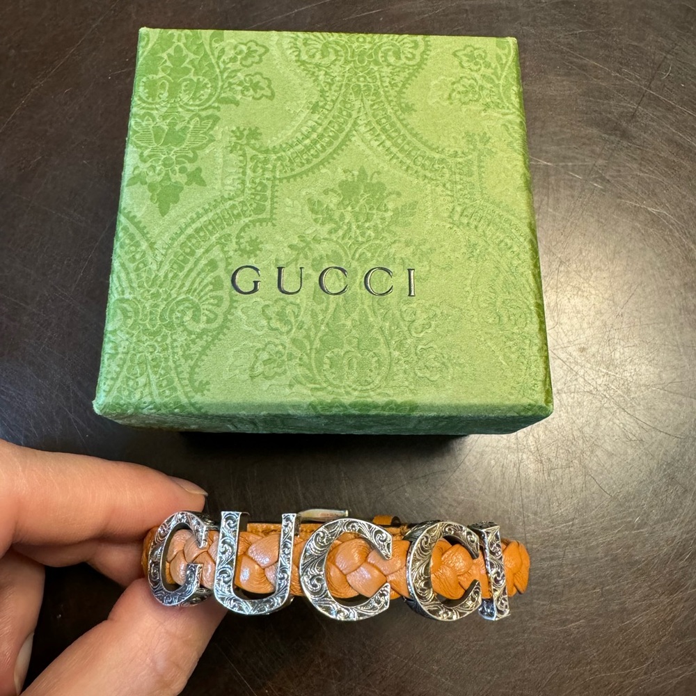 New Authentic Gucci Logo Silver Brown Leather Bracelet Size L / Wrist Up To 8” - Picture 4 of 12